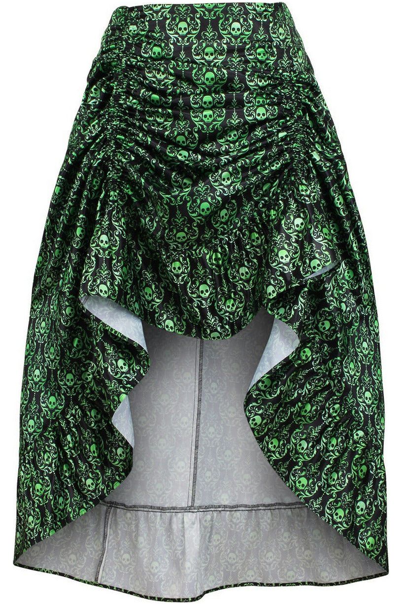 Green & Black Skull Satin Adjustable High Low Skirt