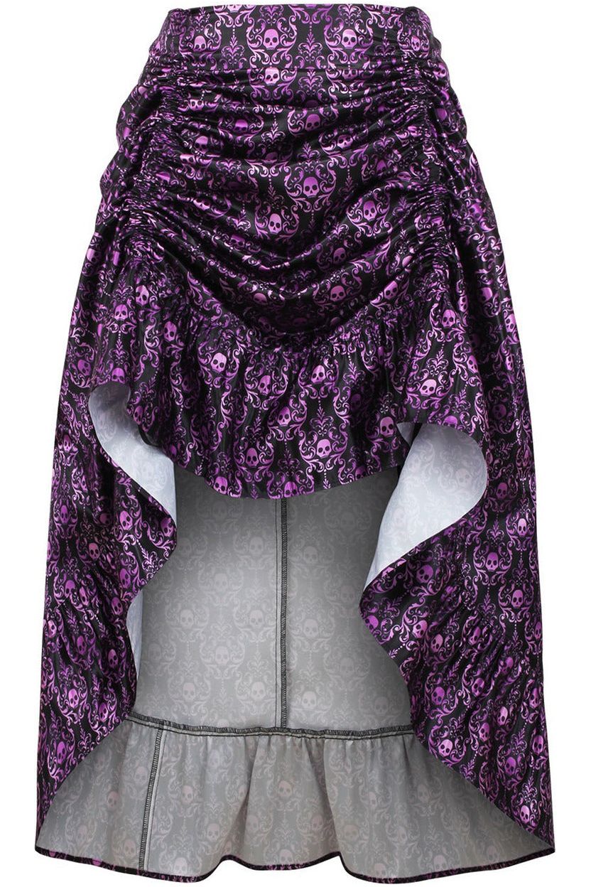 Purple & Black Skull Satin Adjustable High Low Skirt - 34" Long