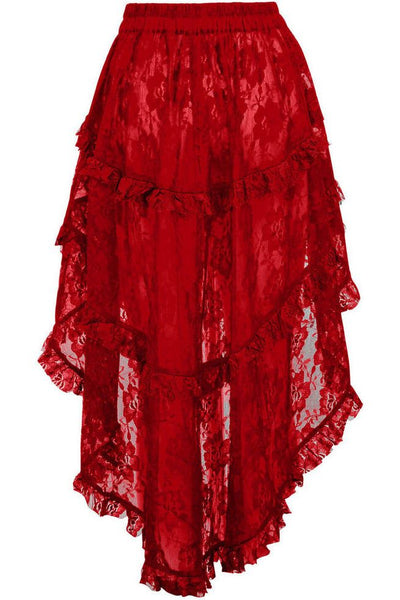 Red Lace Ruched Front High Low Lace Skirt