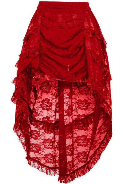 Red Lace Ruched Front High Low Lace Skirt
