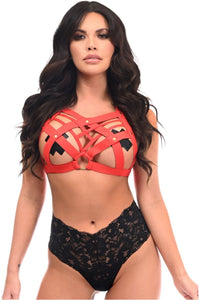 BOXED Red Stretchy Body Harness w/Gold Hardware