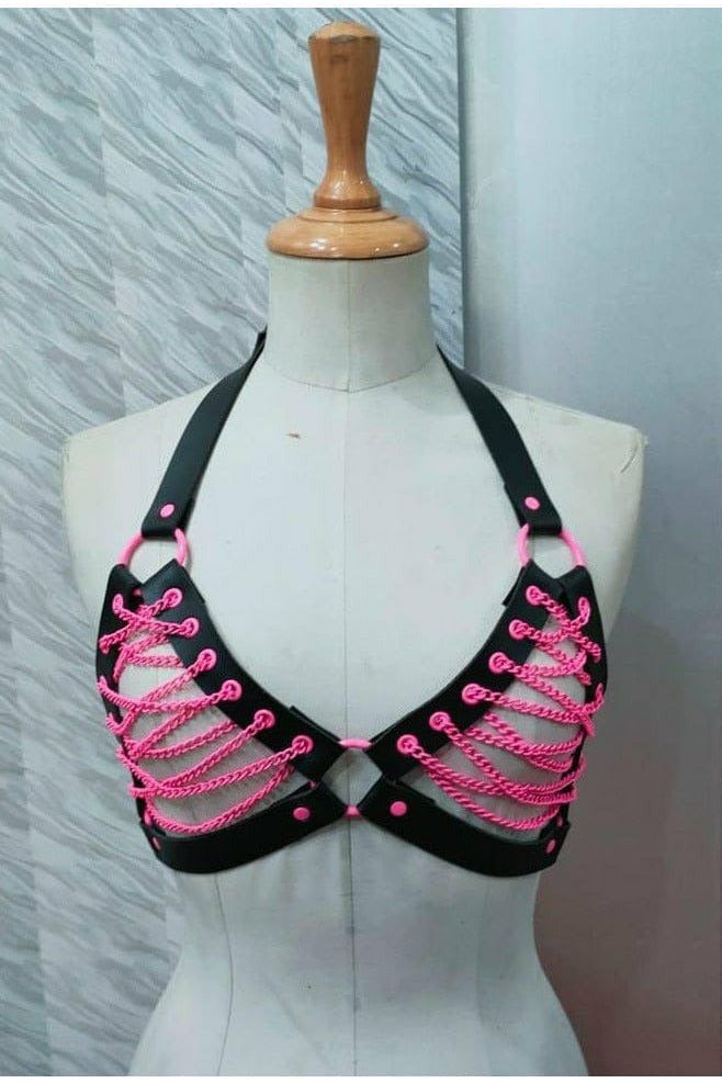 Candy Collection - Pink Chain Lace-Up Bra Top Harness