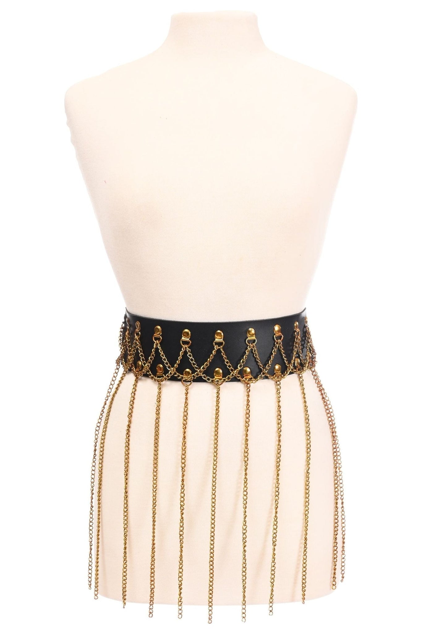 Black Faux Leather & Gold Metallic Chain Fringe Skirt