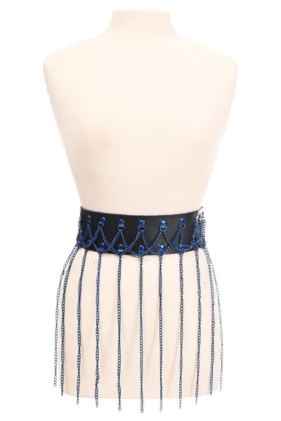 Black Faux Leather & Blue Metallic Chain Fringe Skirt