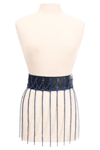 Black Faux Leather & Blue Metallic Chain Fringe Skirt
