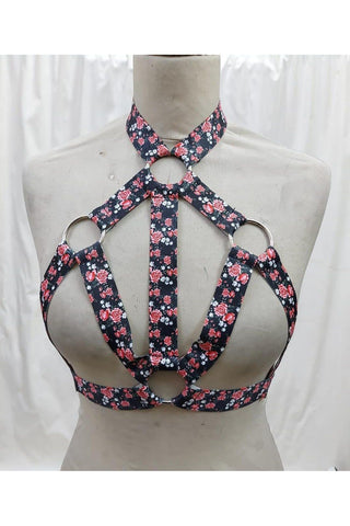 Floral Print Stretchy Body Harness w/Silver Hardware