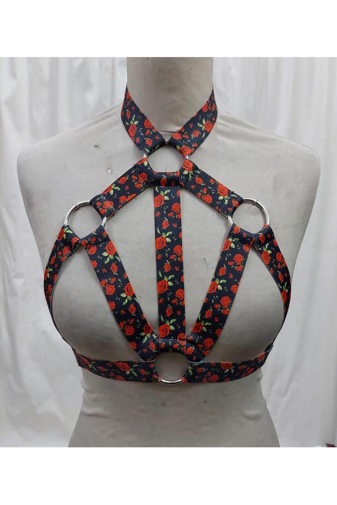 Red Roses Stretchy Body Harness w/Silver Hardware