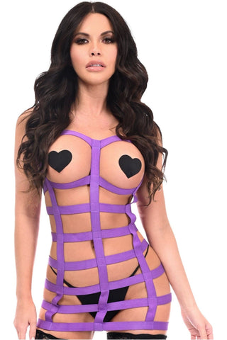 BOXED Purple Stretchy Cage Dress Body Harness w/Silver Hardware