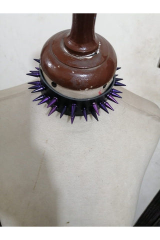 Black Faux Leather & Purple Metallic Spike Choker