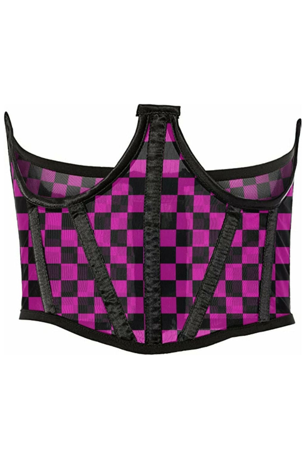 Lavish Neon Pink/Black Checker Print Mesh Open Cup Waist Cincher