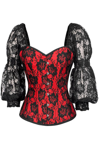 Top Drawer Red w/Black Lace Steel Boned Long Sleeve Corset