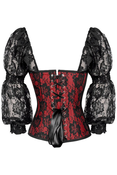 Top Drawer Red w/Black Lace Steel Boned Long Sleeve Corset