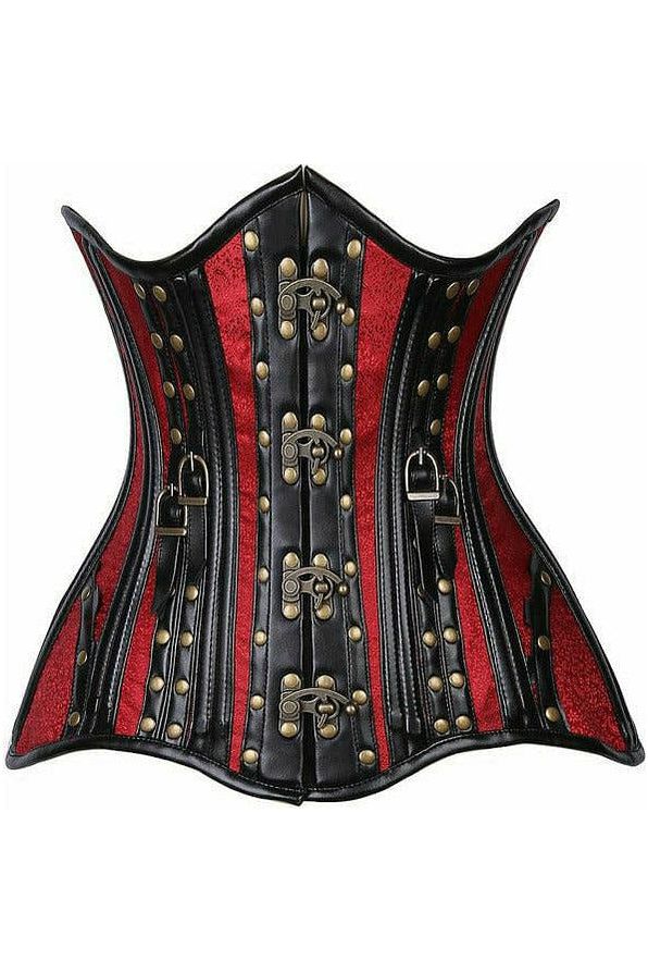 Top Drawer Faux Leather & Wine Brocade Steel Boned Under Bust Corset - Daisy Corsets