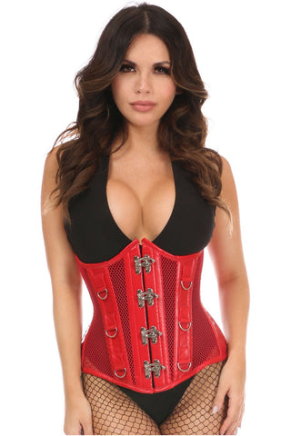 Top Drawer Red Faux Leather & Fishnet Steel Boned Under Bust Corset