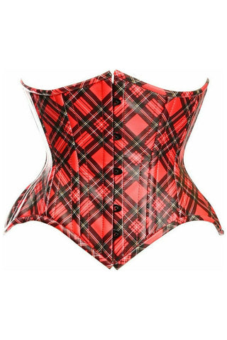 Top Drawer Red Plaid Faux Leather Double Steel Boned Curvy Cut Waist Cincher Corset