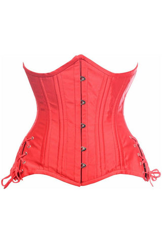 Top Drawer Red Satin Double Steel Boned Curvy Cut Waist Cincher Corset w/Lace-Up Sides
