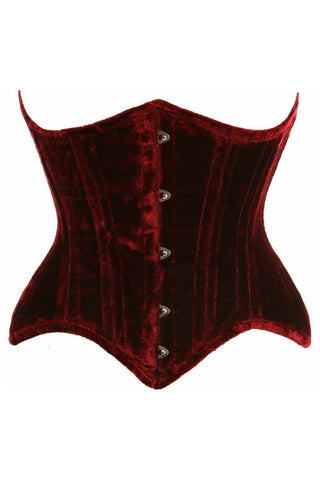 Top Drawer Dark Red Crushed Velvet Double Steel Boned Curvy Cut Waist Cincher Corset - Daisy Corsets