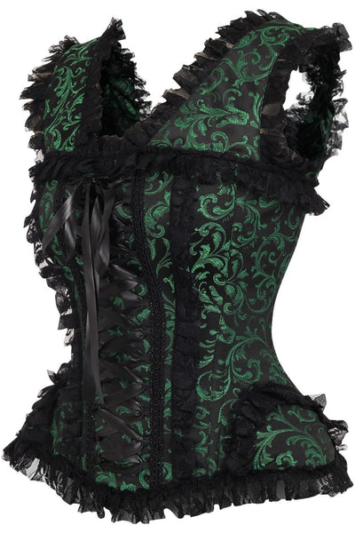 Top Drawer Green/Black Swirl Brocade & Lace Steel Boned Corset w/Cap Sleeves