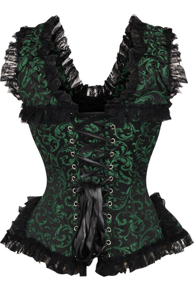 Top Drawer Green/Black Swirl Brocade & Lace Steel Boned Corset w/Cap Sleeves