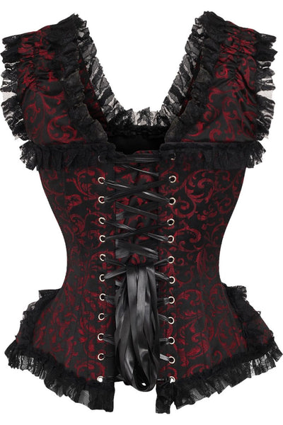 Top Drawer Red/Black Swirl Brocade & Lace Steel Boned Corset w/Cap Sleeves