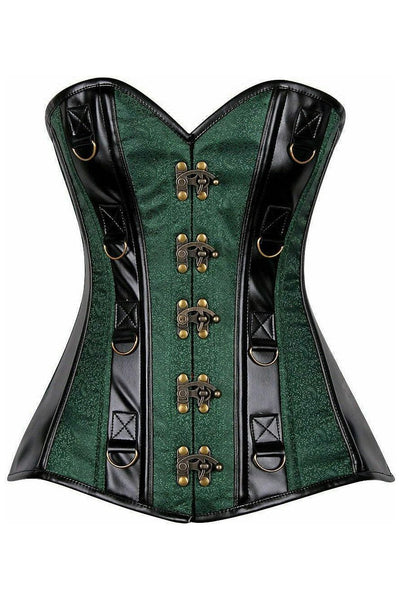 Top Drawer Dark Green Brocade & Faux Leather Steel Boned Corset - Daisy Corsets