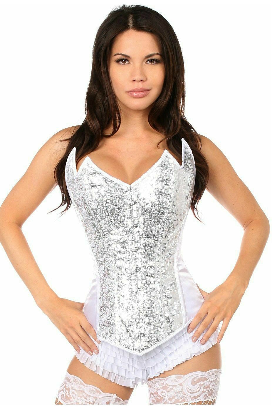Top Drawer White/Silver Sequin Pointed Top Steel Boned Corset