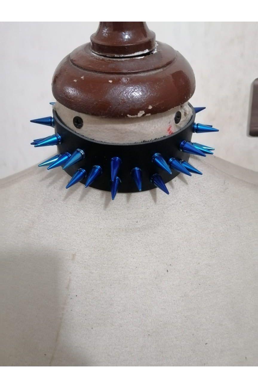 Black Faux Leather & Blue Metallic Spike Choker - Daisy Corsets