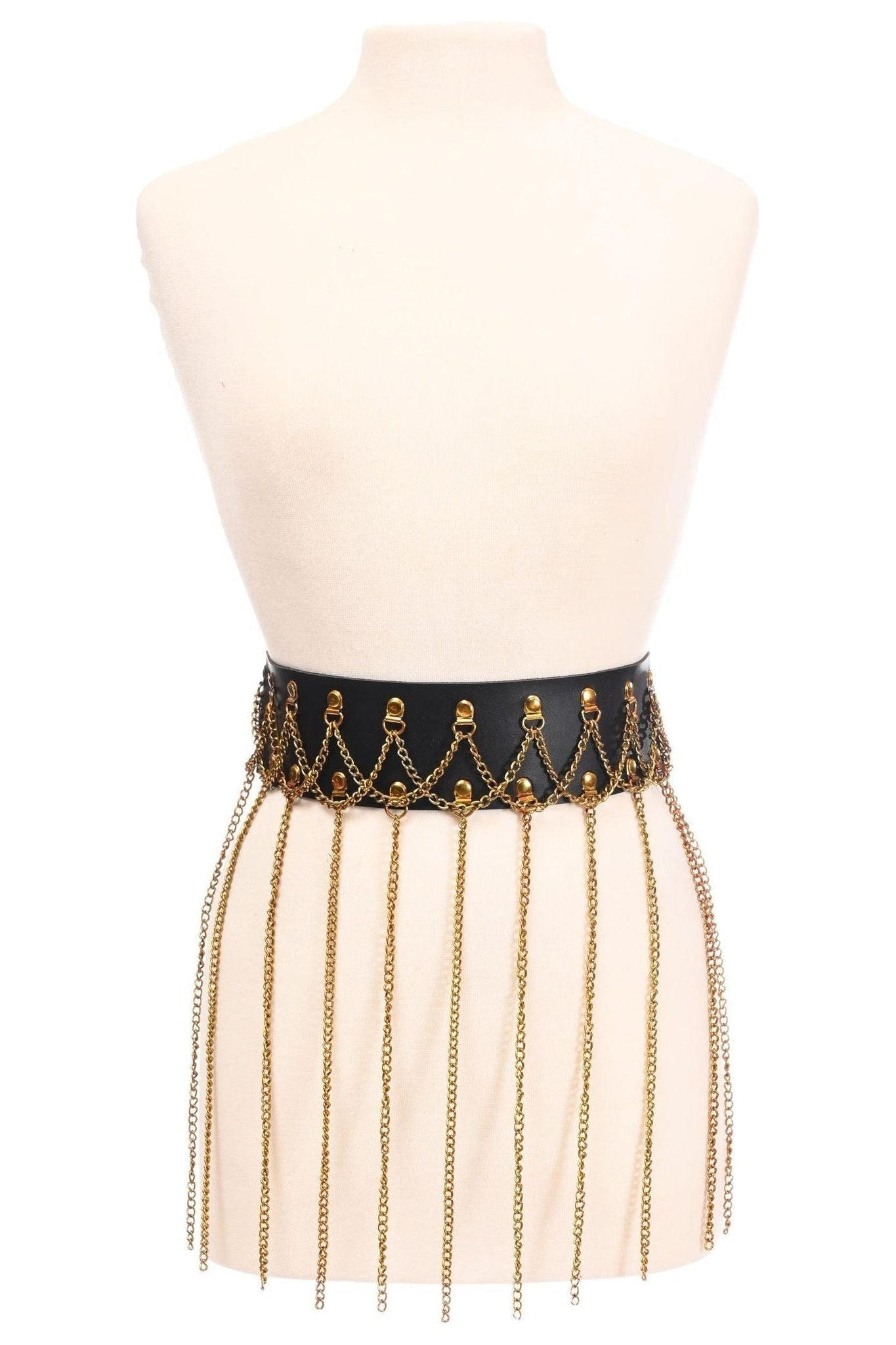 Black Faux Leather & Gold Metallic Chain Fringe Skirt - Daisy Corsets