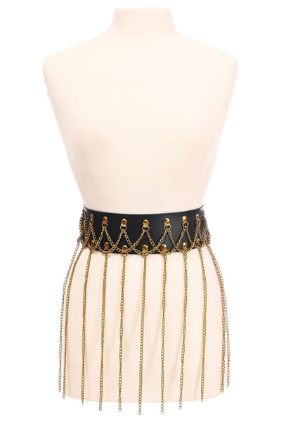 Black Faux Leather & Gold Metallic Chain Fringe Skirt - Daisy Corsets