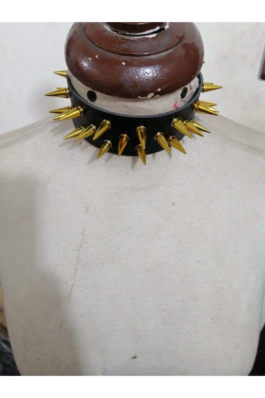 Black Faux Leather & Gold Metallic Spike Choker - Daisy Corsets
