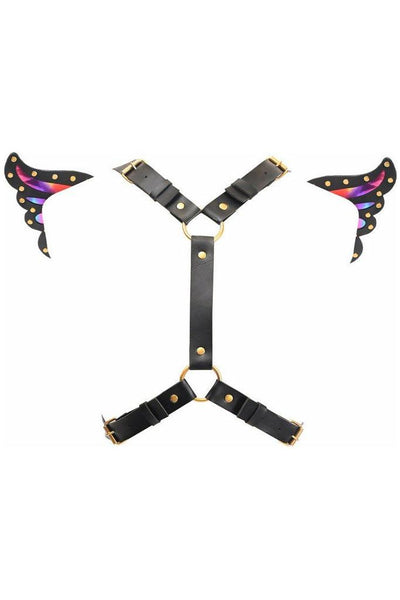Black Faux Leather & Rainbow Holo Butterfly Wing Harness - Daisy Corsets