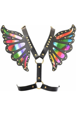 Black Faux Leather & Rainbow Holo Butterfly Wing Harness - Daisy Corsets