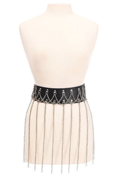 Black Faux Leather & Silver Chain Fringe Skirt - Daisy Corsets