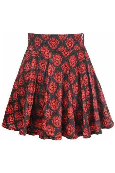 Black & Red Skulls Stretch Lycra Skirt - Daisy Corsets