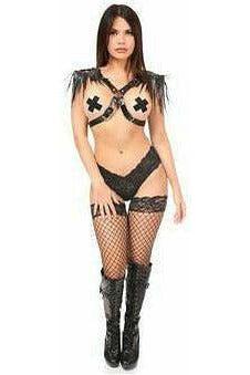 Black Vegan Leather Body Harness w/Shoulder Fringe - Daisy Corsets