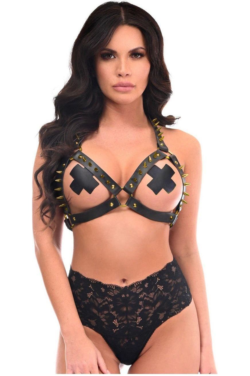 Black Vegan Leather & Gold Spikes Body Harness - Daisy Corsets