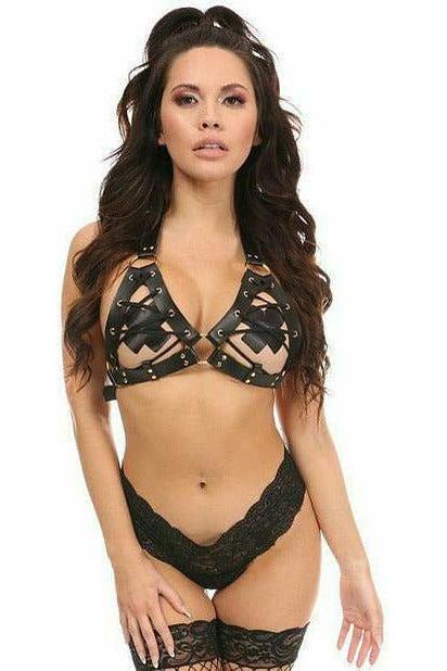 Black/Gold Faux Leather Lace - Up Bra Top - Daisy Corsets