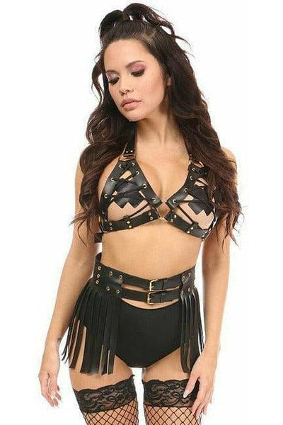 Black/Gold Faux Leather Lace - Up Bra Top - Daisy Corsets