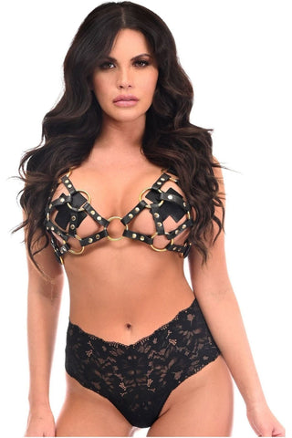Black/Gold Strappy Harness Bra Top - Daisy Corsets