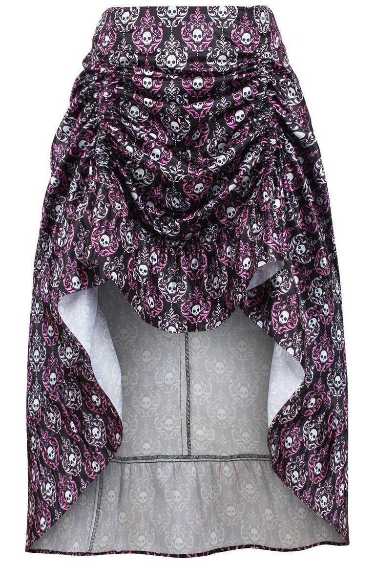 Black/White/Purple Skull Satin Adjustable High Low Skirt - 34" Long - Daisy Corsets