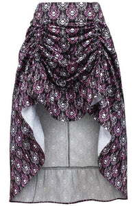 Black/White/Purple Skull Satin Adjustable High Low Skirt - 34" Long - Daisy Corsets