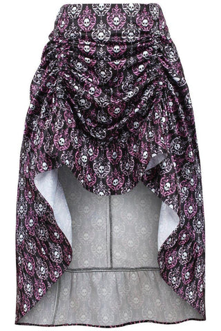 Black/White/Purple Skull Satin Adjustable High Low Skirt - 34" Long - Daisy Corsets