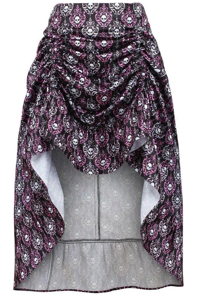 Black/White/Purple Skull Satin Adjustable High Low Skirt - Daisy Corsets