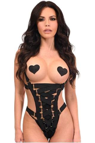 BOXED Black Stretchy Body Harness Bodysuit w/Gold Hardware - Daisy Corsets