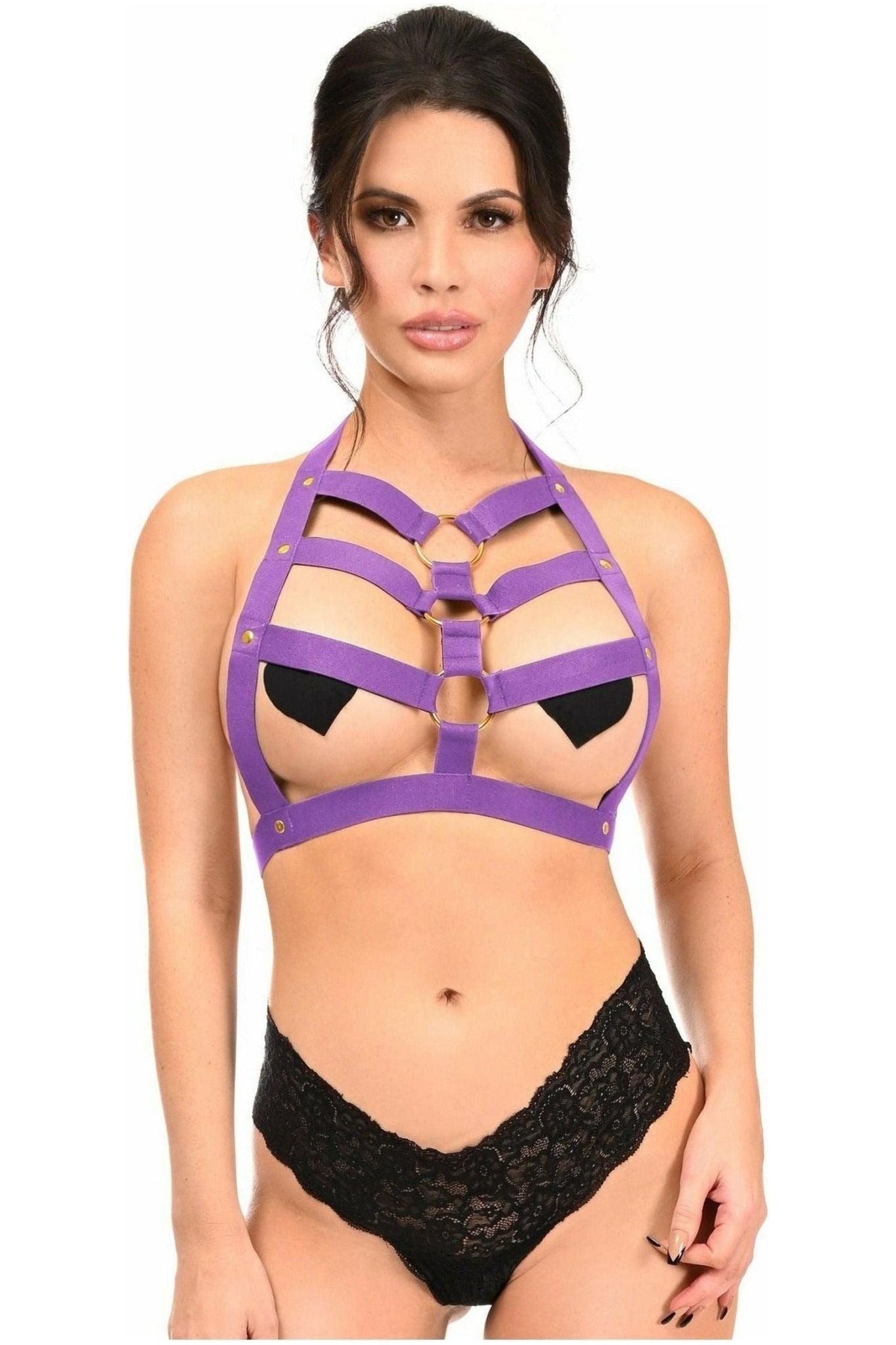 BOXED Dark Purple Stretchy Body Harness w/Gold Hardware - Daisy Corsets