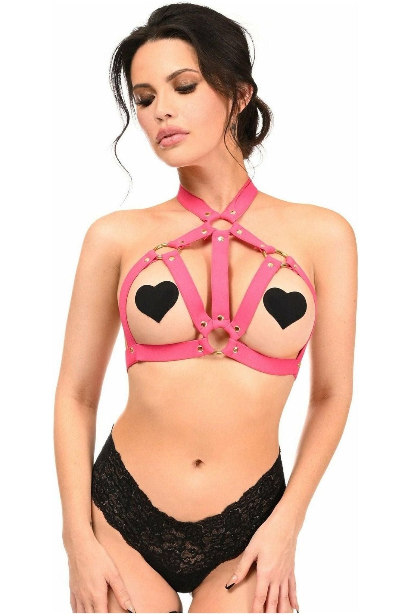 BOXED Hot Pink Stretchy Body Harness w/Gold Hardware - Daisy Corsets