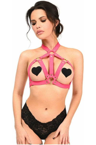 BOXED Hot Pink Stretchy Body Harness w/Gold Hardware - Daisy Corsets