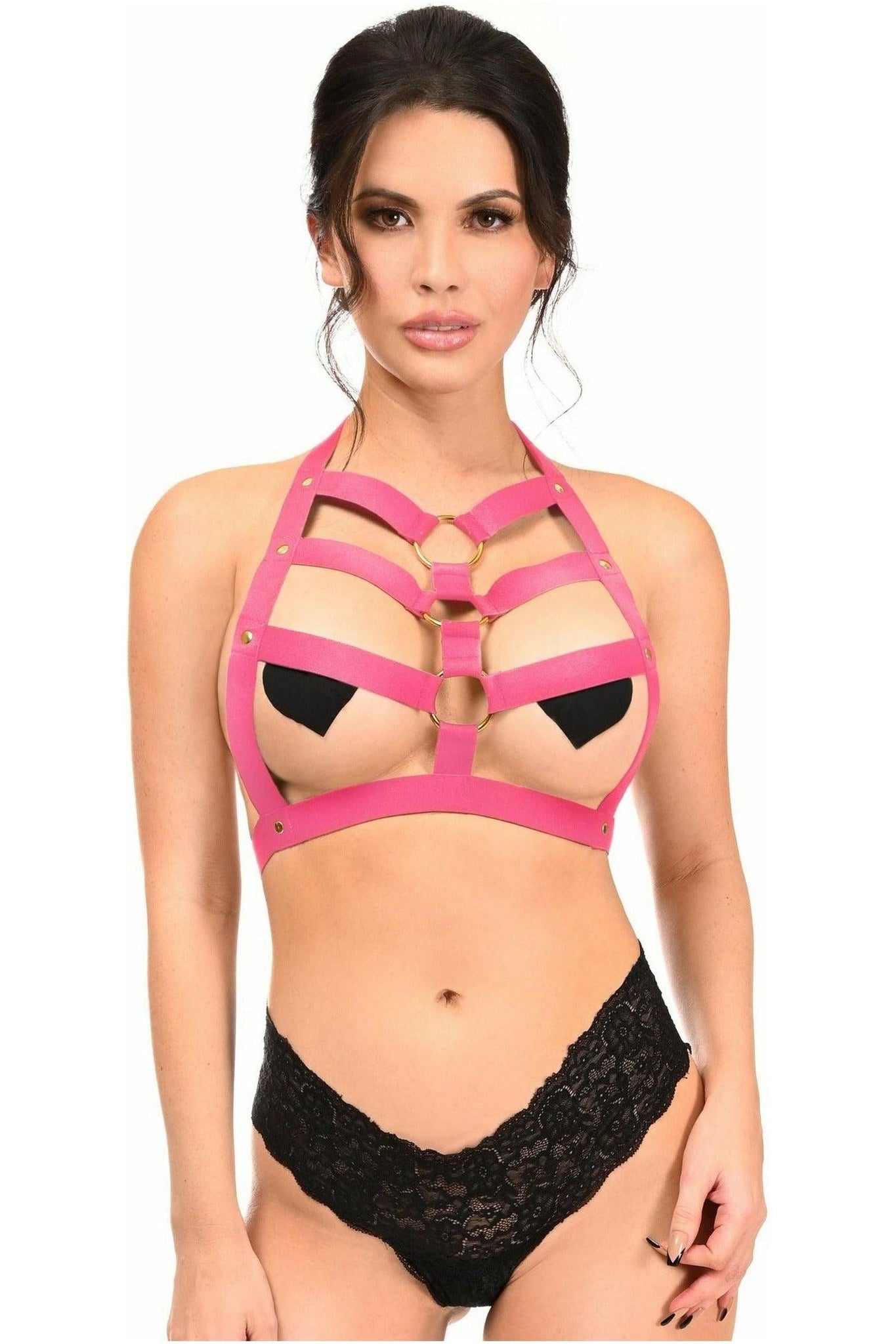 BOXED Hot Pink Stretchy Body Harness w/Gold Hardware - Daisy Corsets
