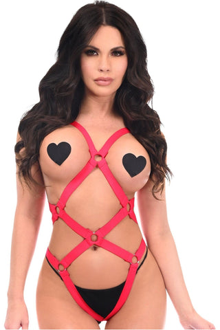 BOXED Red Stretchy Body Harness Bodysuit w/Silver Hardware - Daisy Corsets