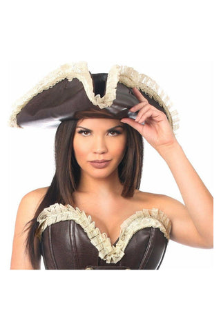 Dark Brown Distressed Faux Leather w/Cream Lace Pirate Hat - Daisy Corsets
